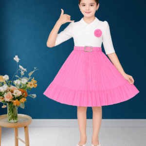 Home stylish yellow pleated party wear frock with white top & belt for girls